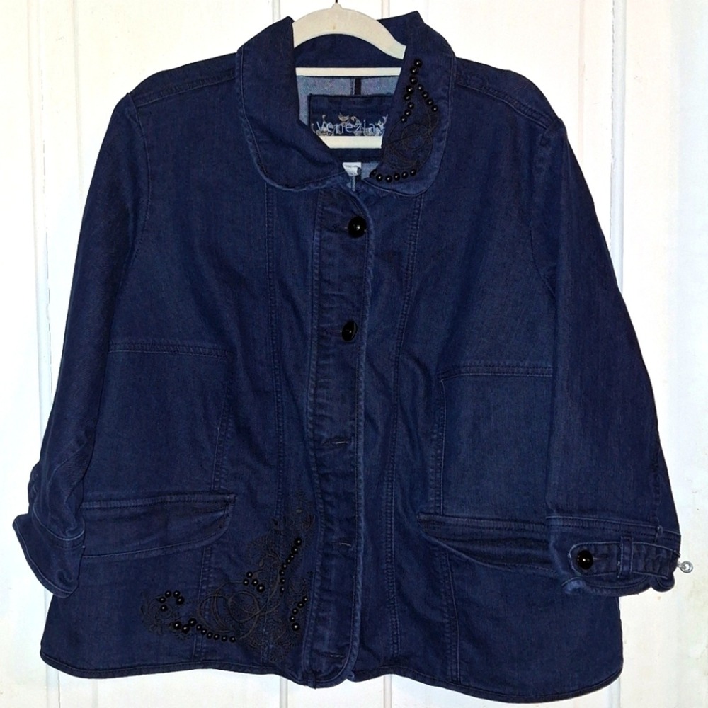 Venezia Blue Jean Jacket Women's Plus Size 22/24 Floral & Studded‎ Embroidered